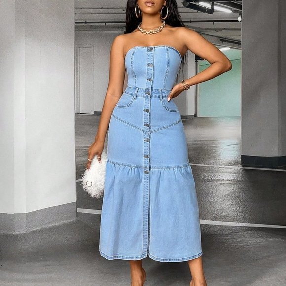 . Dresses & Skirts - Light Wash Casual Womens Button Front Tube Denim Dress